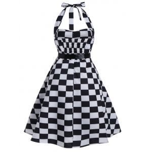 Black White 3xl Checked Print Plus Size Halter Vintage Dress | RoseGal.com