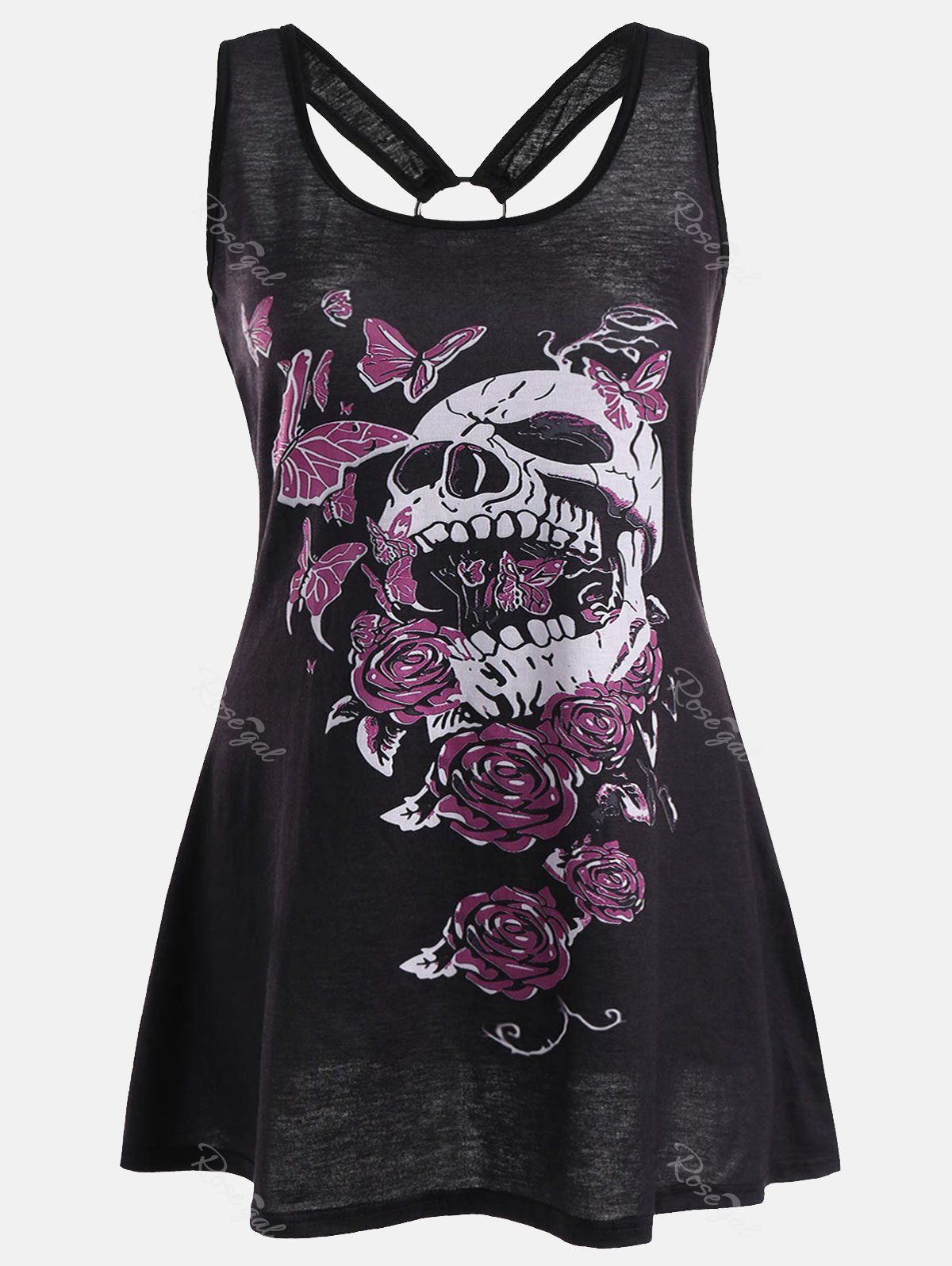 

Skull Butterfly Plus Size Tunic Racerback Tank, Black