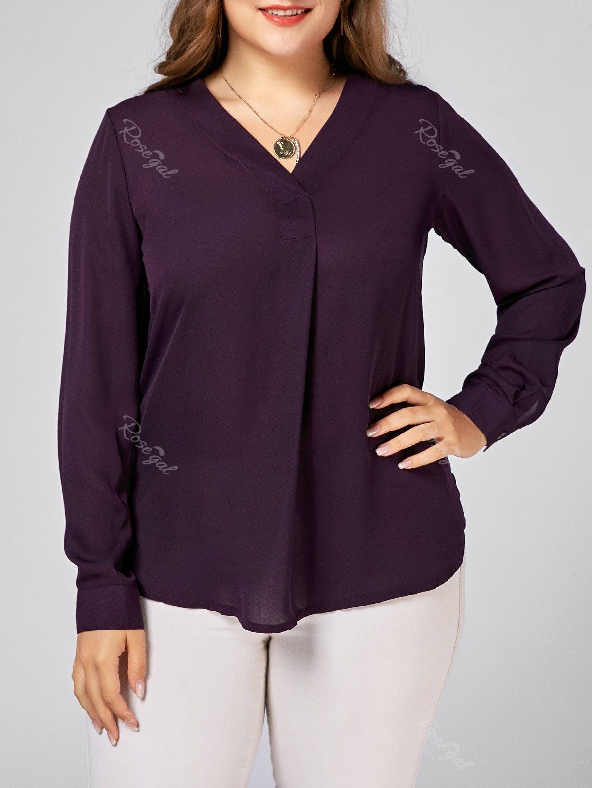 

Long Sleeve V Neck Chiffon Plus Size Top, Deep purple