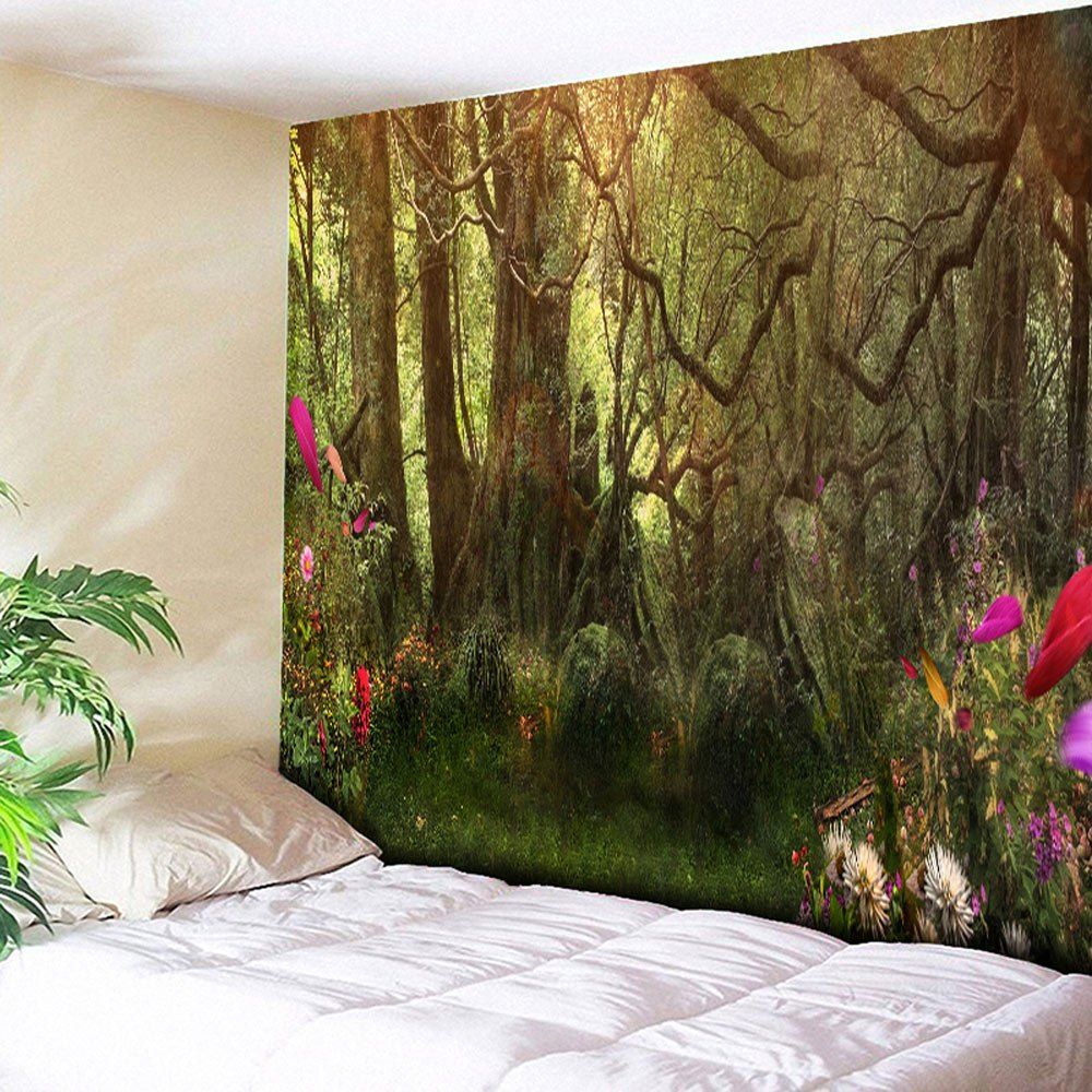 [26 OFF] Wall Hanging Forest Flower Printed Tapestry Rosegal