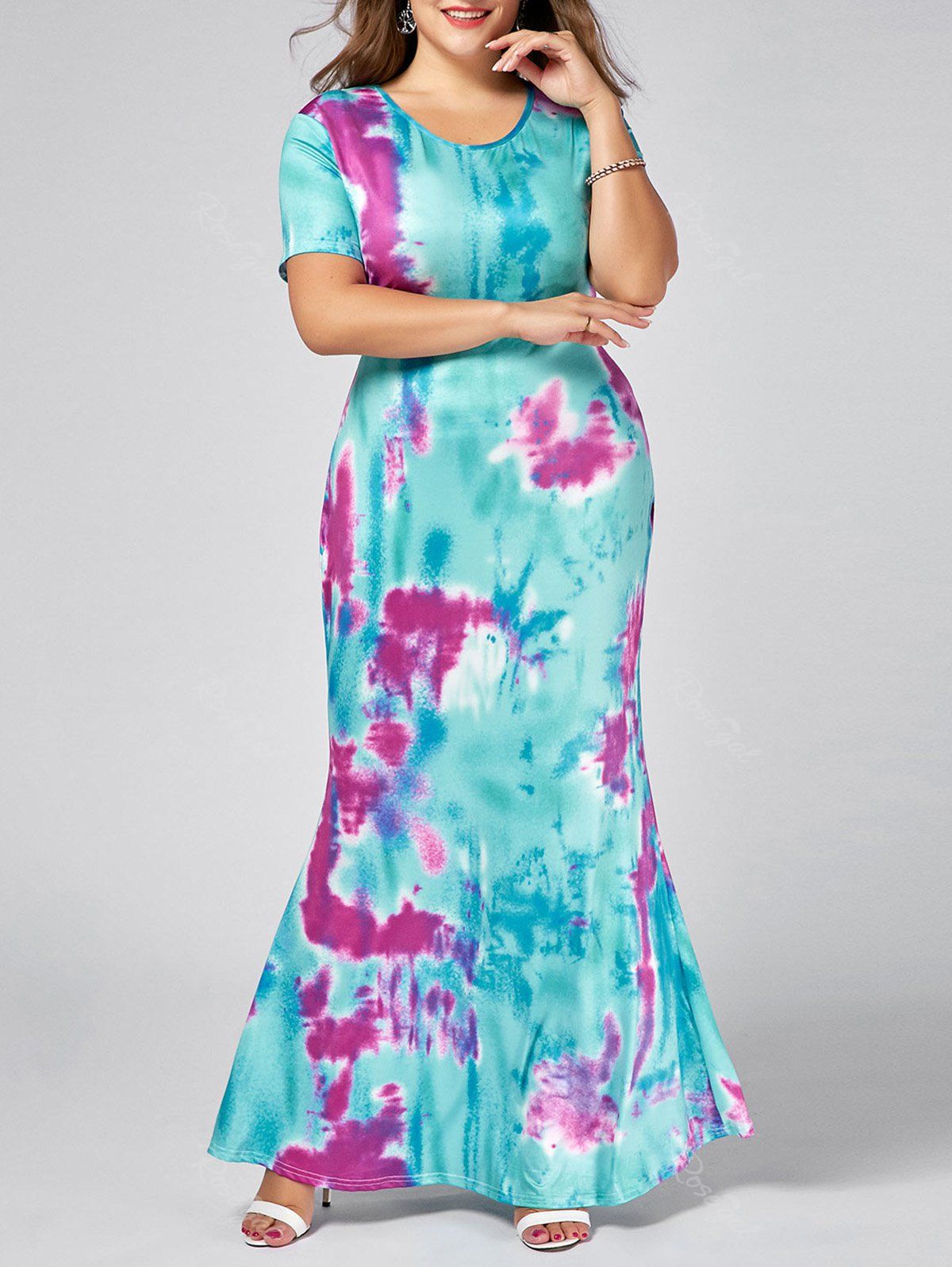 

Plus Size Long Ombre Pattern Dress, Lake green
