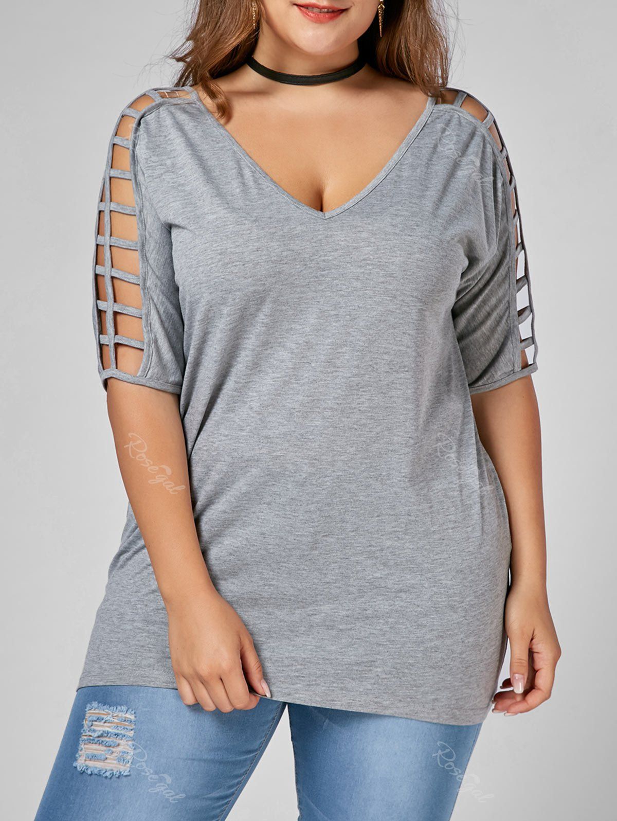 

V Neck Cut Out Plus Size Tunic Tee, Gray