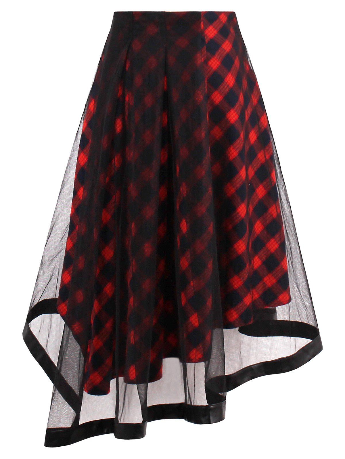 

Sheer Yarn Insert Tartan Asymmetrical Midi Skirt, Red