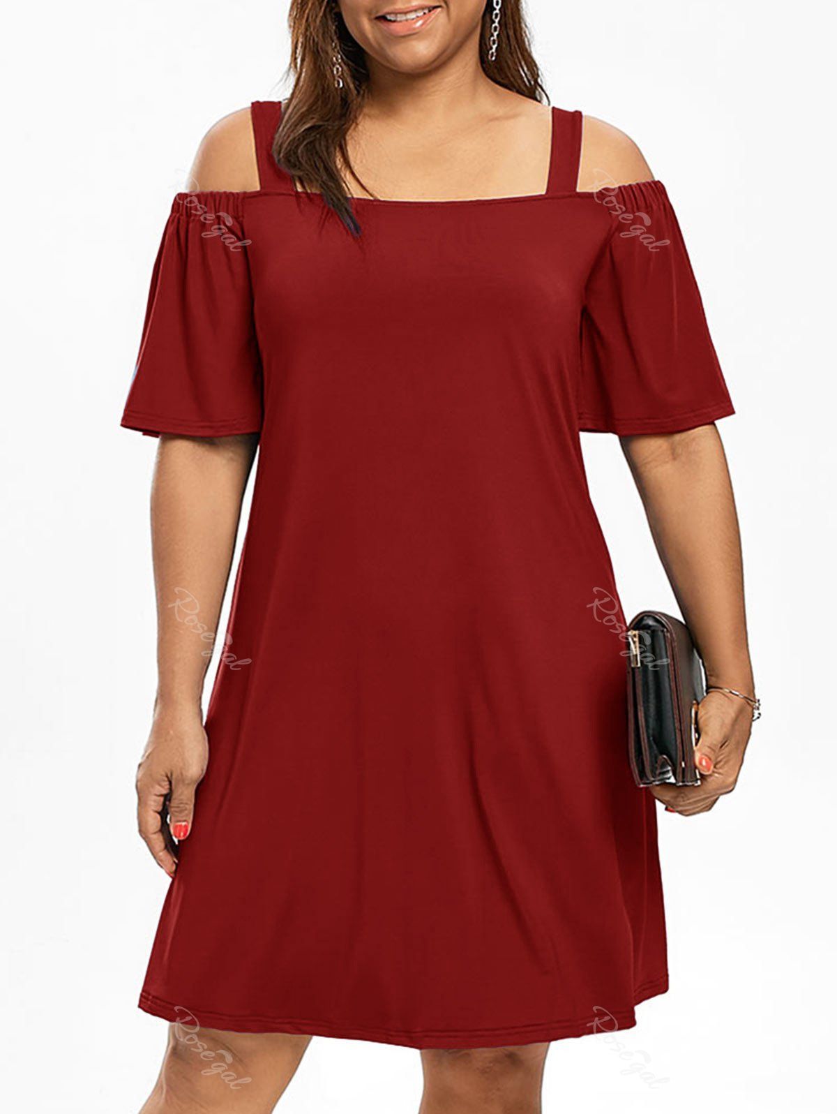 

Cold Shoulder Half Sleeve Plus Size Dress, Wine red