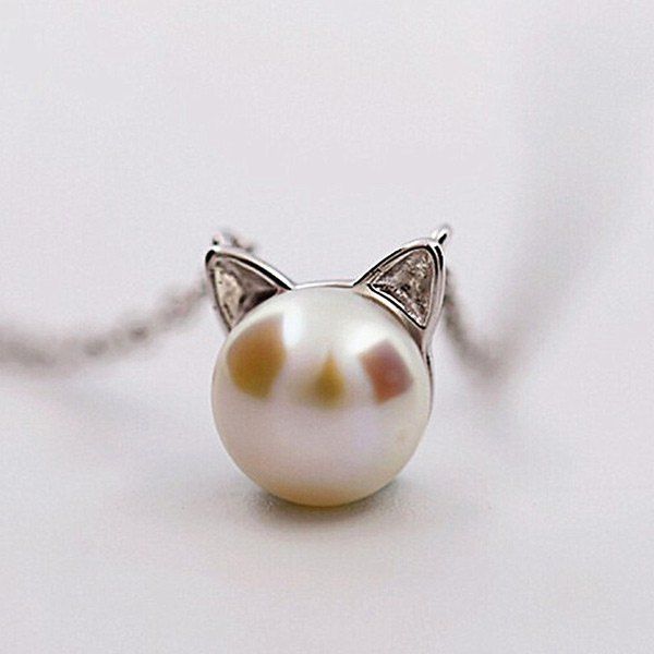 

Faux Pearl Kitten Tiny Charm Necklace, Silver