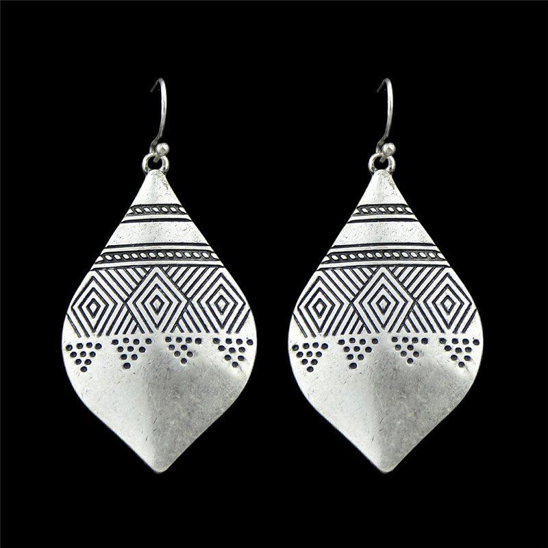 

Vintage Geometric Engraved Teardrop Hook Earrings, Silver