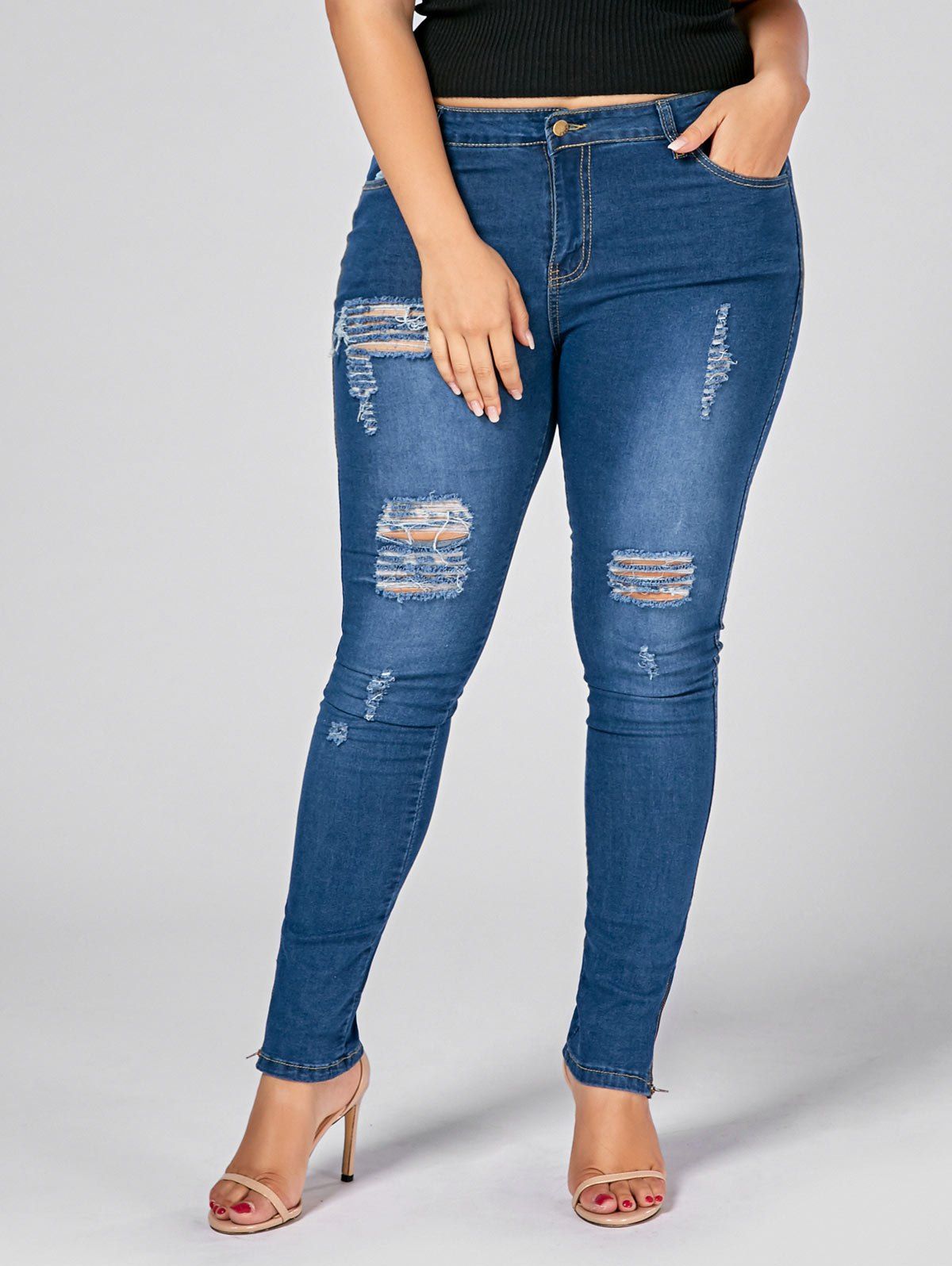 Denim Blue 2xl Plus Size Zip Leg Ripped Skinny Jeans 5718