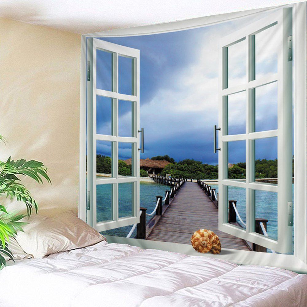 

Waterproof Faux Window Seascape Print Wall Tapestry, Colormix