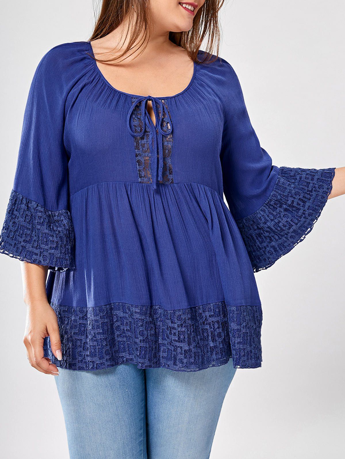 

Plus Size Flare Sleeve Lace Panel Top, Blue