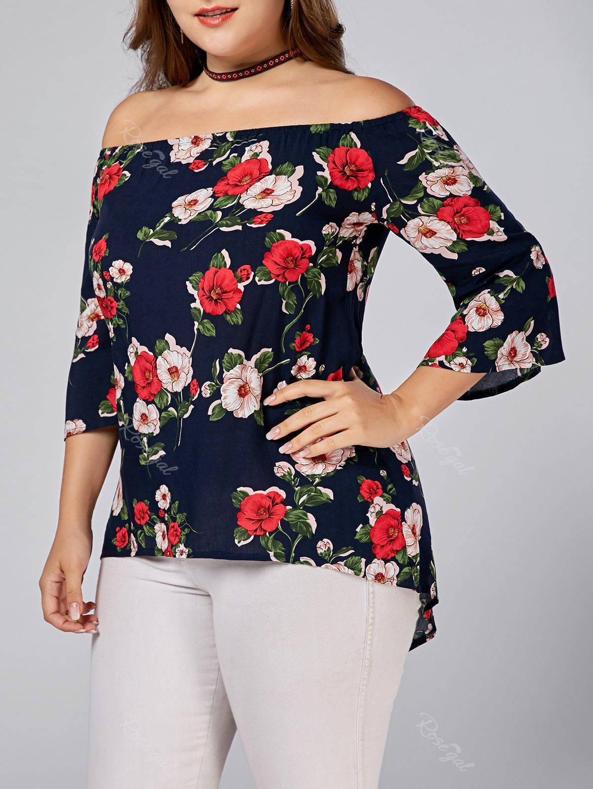 

Plus Size Floral Printed Off Shoulder Top, Deep blue