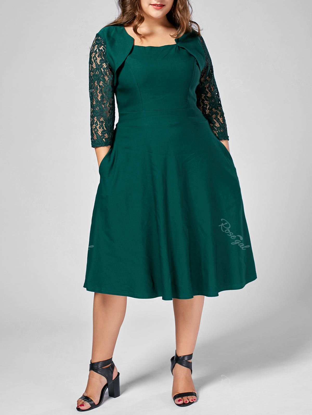 

Plus Size Lace Trim A Line Midi Dress, Green
