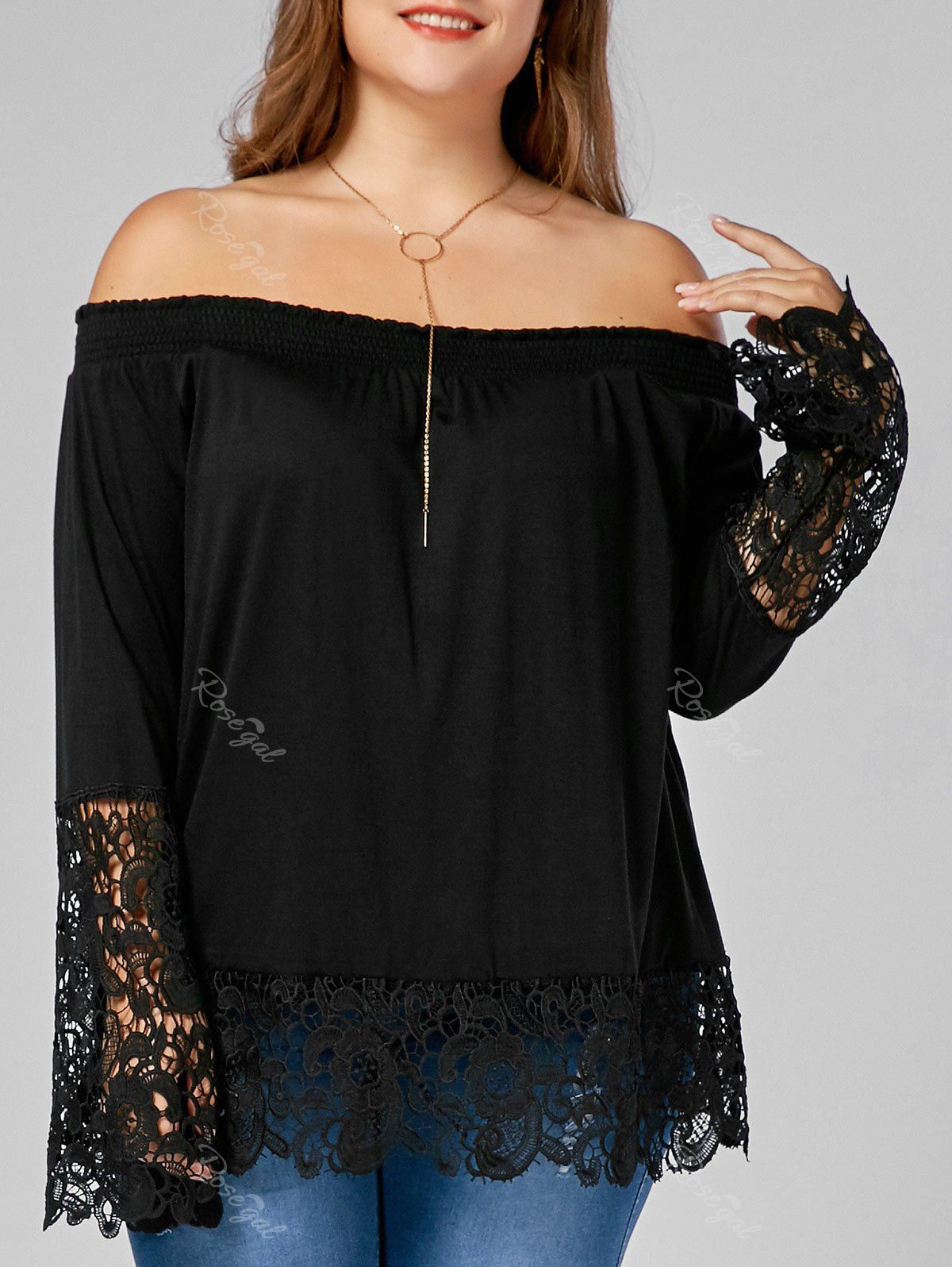 

Off The Shoulder Plus Size Lace Trim Top, Black