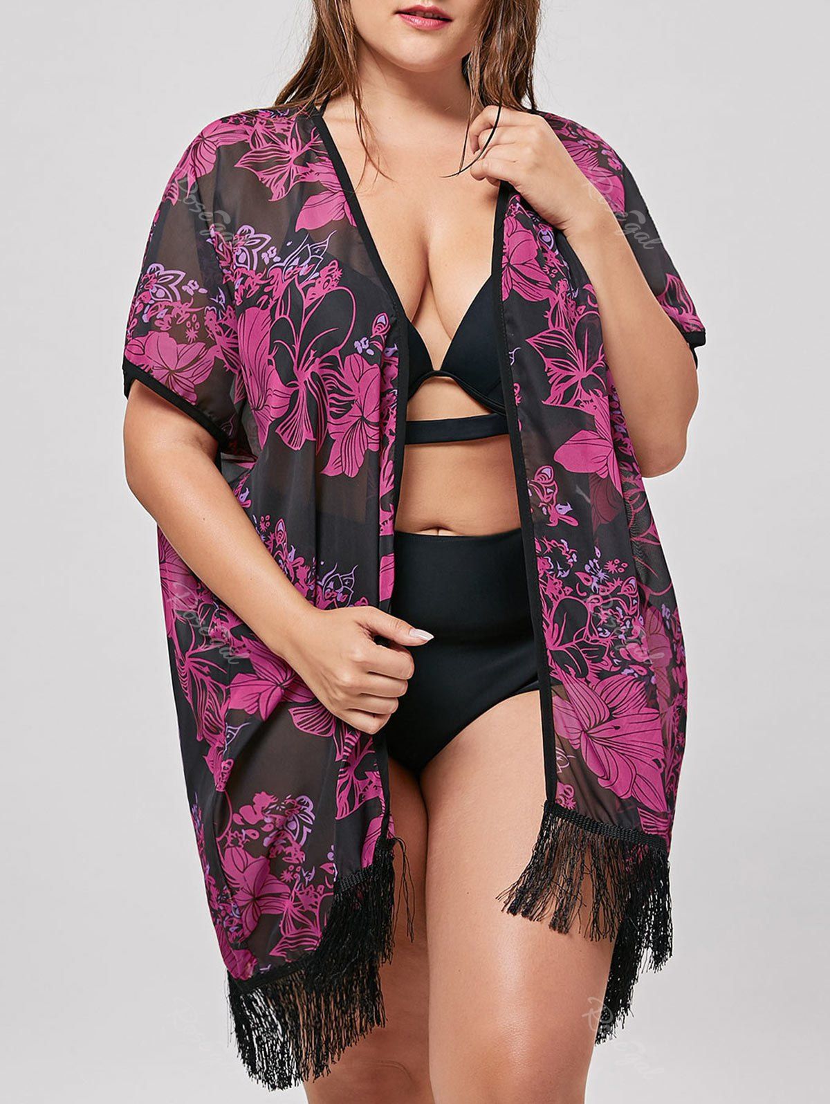 

Plus Size Cover Up Kimono with Fringe, Black + rose