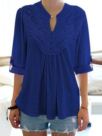 

Half Sleeve Floral Lace Panel Blouse, Blue