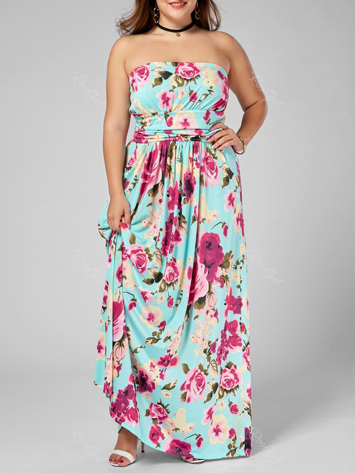 [36% OFF] Floor Length Plus Size Floral Bandeau Strapless Summer Dress ...