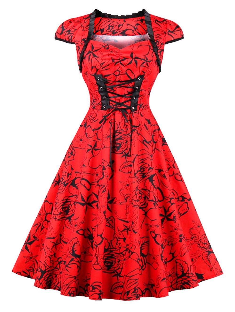

Vintage Lace Up Floral Pinup Dress, Red