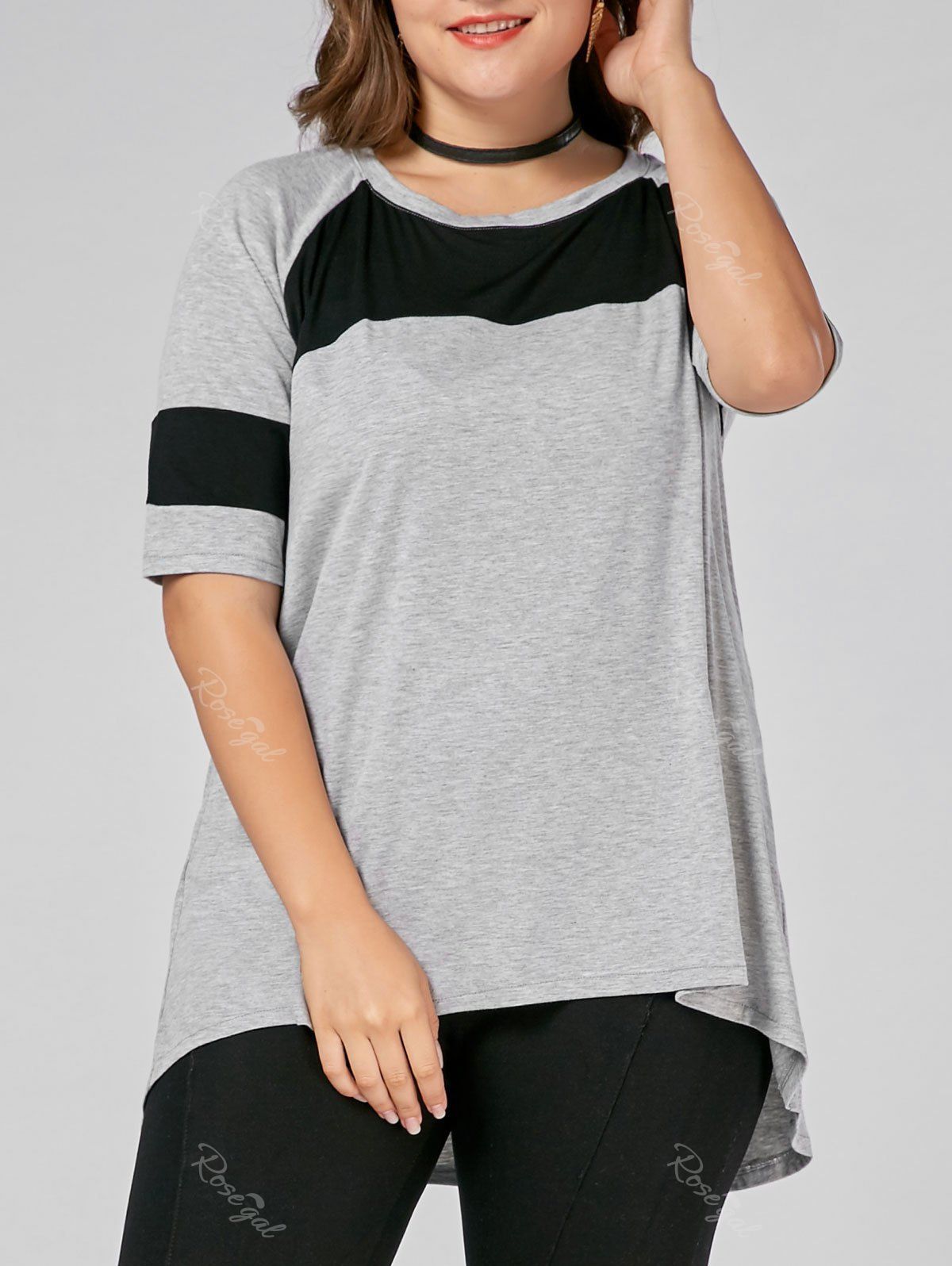 

Color Block Plus Size Long High Low T-shirt, Gray