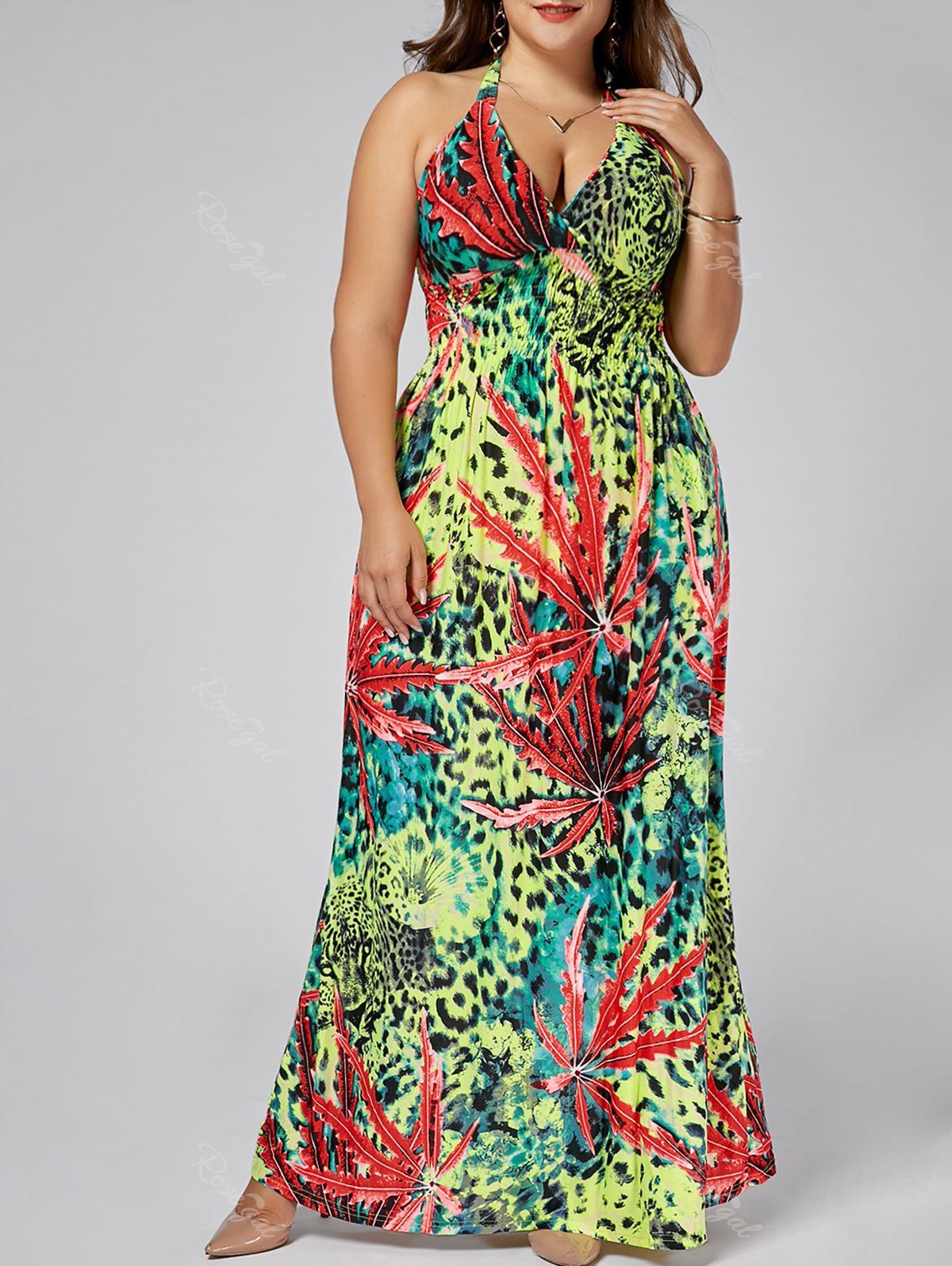 

Leopard Plus Size Plunging Neck Maxi Halter Dress, Floral