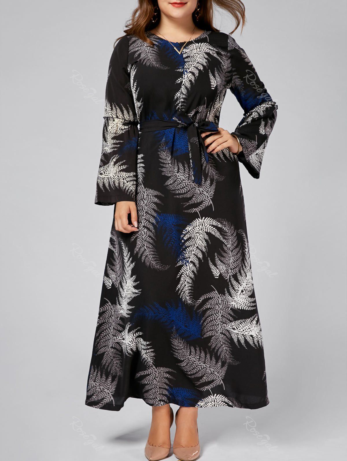 

Leaves Print Plus Size Chiffon Long Sleeve Maxi Dress, Black