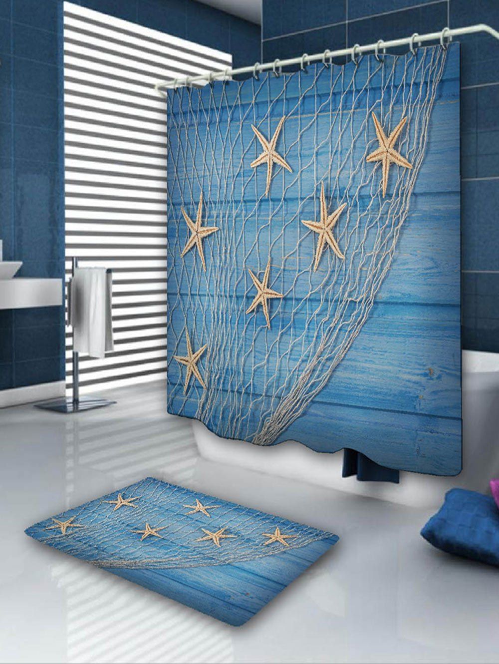 

Starfish Fishing Net Print Shower Curtain and Rug, Blue