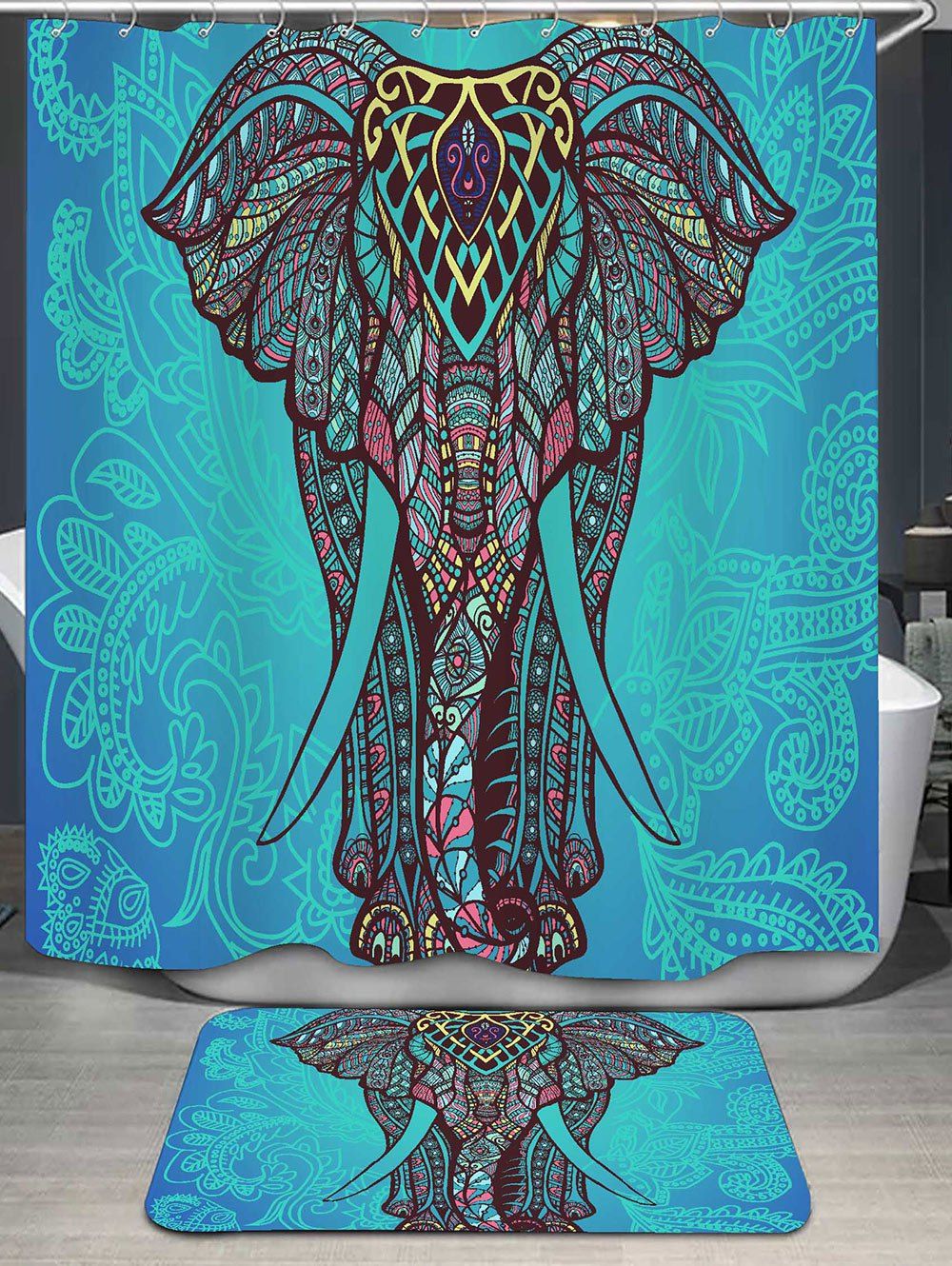 

Bohemian Elephant Bath Curtain and Rug, Blue