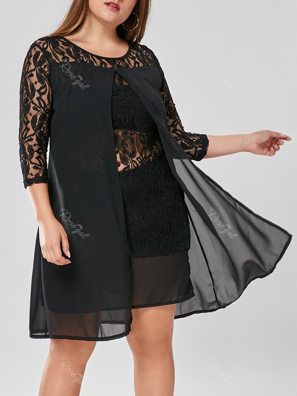 

Knee Length Plus Size Lace Trim Dress, Black