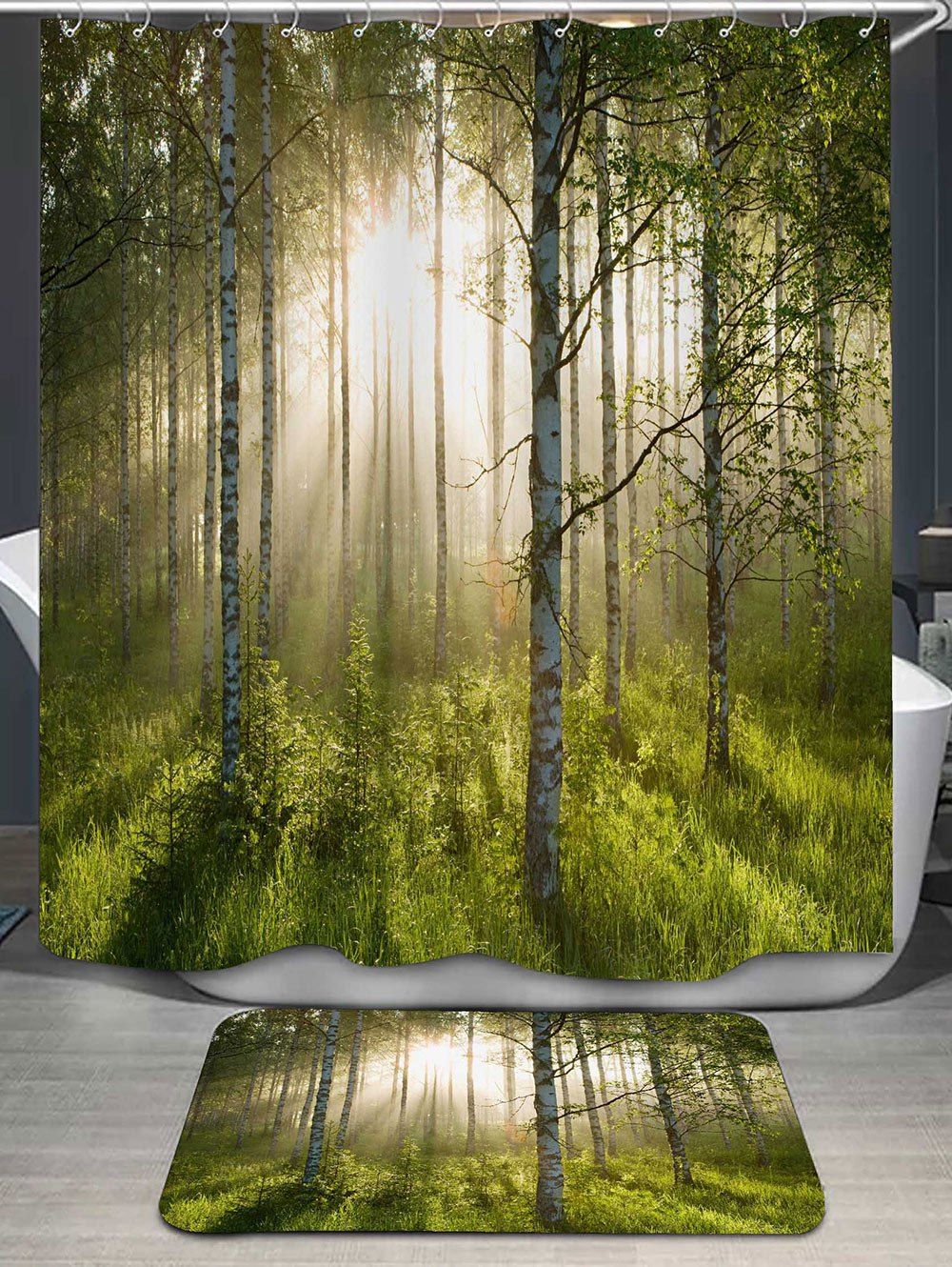 

Forest Pattern Shower Curtain and Bath Rug, Green