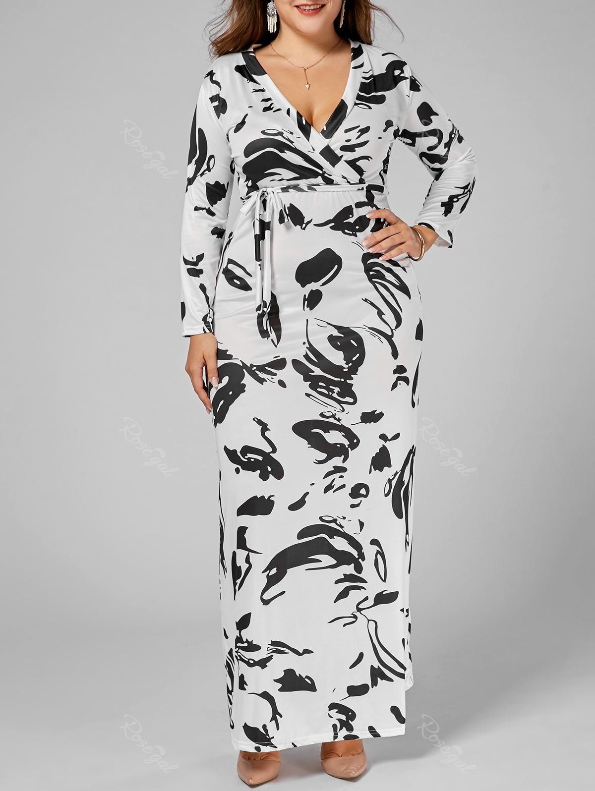 

Floor Length V Neck Plus Size Printed Dress, White