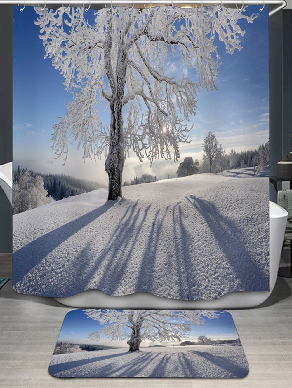 

Snow Tree Print Shower Curtain and Area Rug, Snow shape