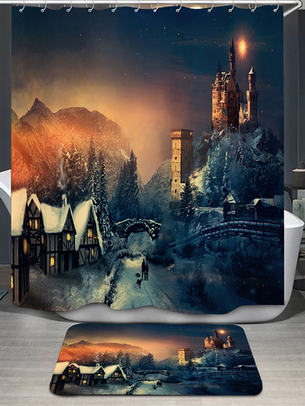 

Fairy Tale Castle Print Shower Curtain and Rug, Colormix