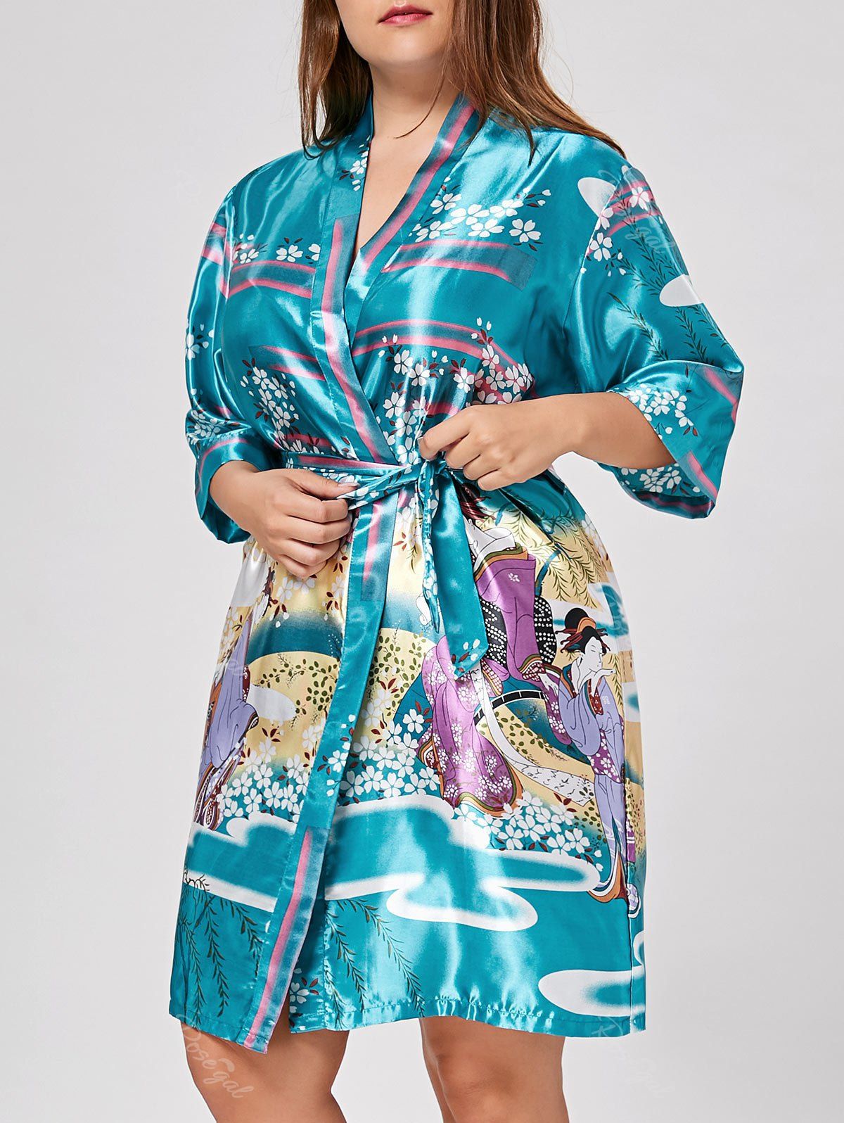 

Plus Size Floral Satin Pajama Kimono, Lake blue