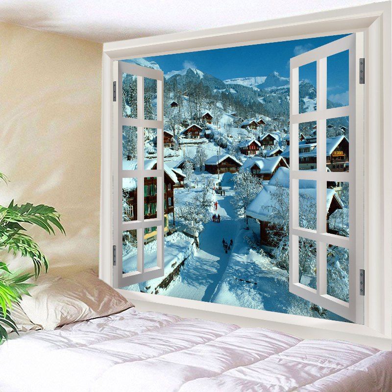 

Window Snow Village Print Tapestry Wall Hanging Art Decoration, White