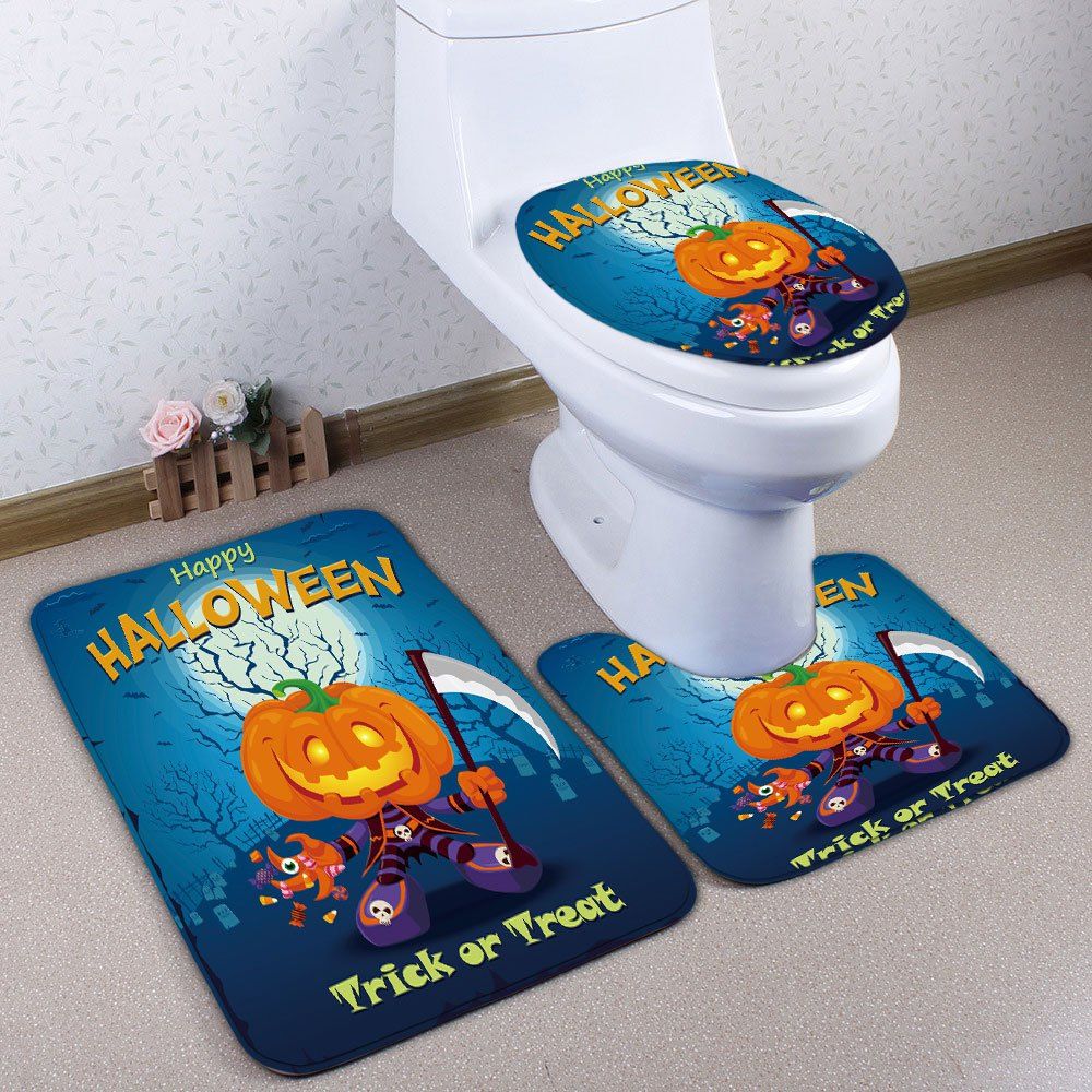 

3Pcs/Set Halloween Pumpkin Flannel Bath Toilet Rug, Blue
