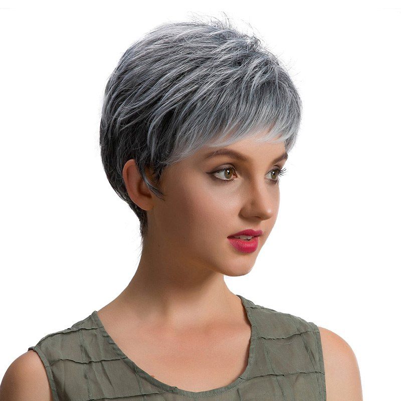 

Short Inclined Bang Fluffy Layered Straight Synthetic Wig, Grandma