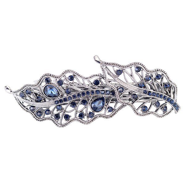 

Artificial Gem Inlaid Hollow Out Leaf Barrette, Purplish blue