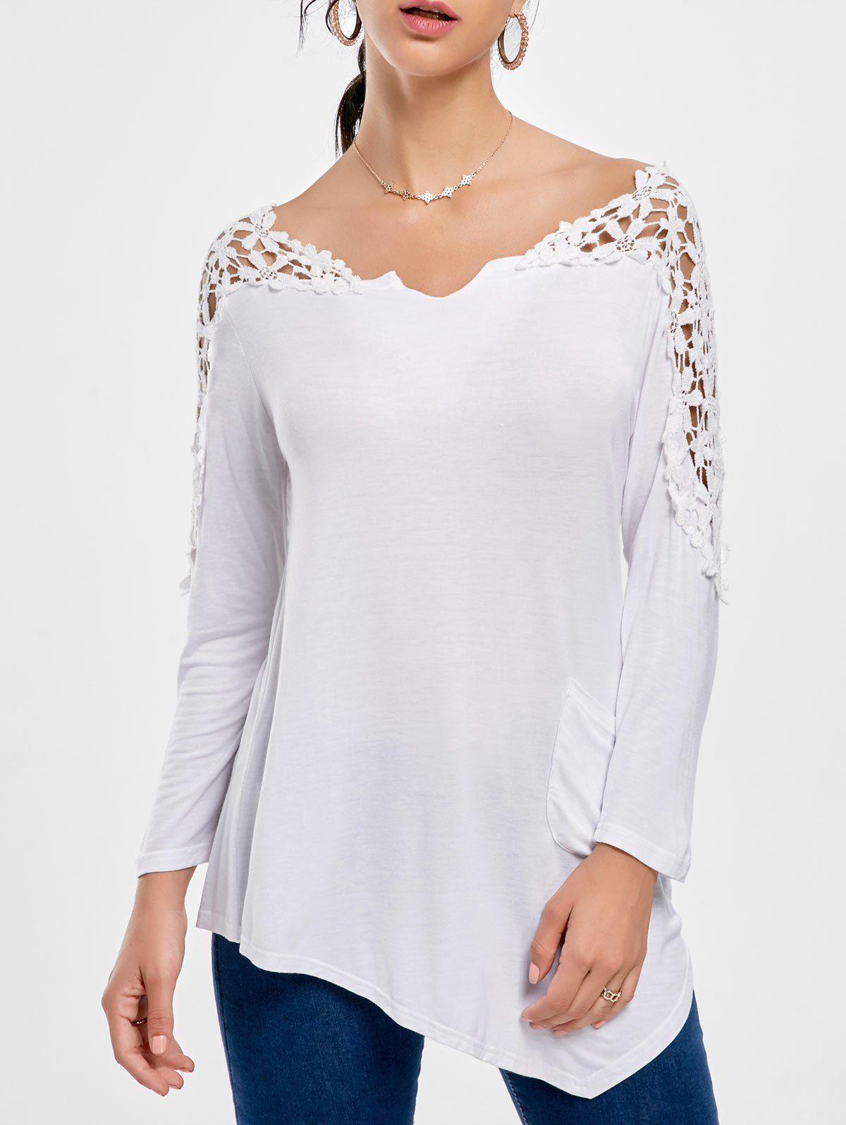 

Crochet Insert Long Sleeve Asymmetric Tunic Top, White
