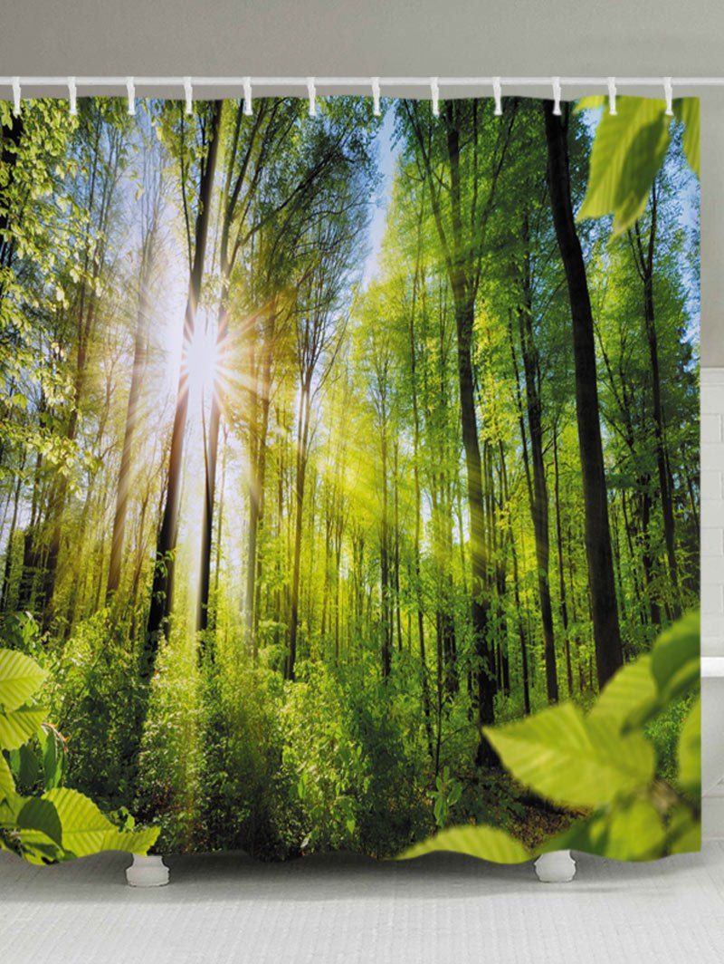 Green W71 Inch L79 Sunlight Forest Print Fabric Waterproof Sunlight Forest Print Fabric Waterproof Bathroom Shower Curtain