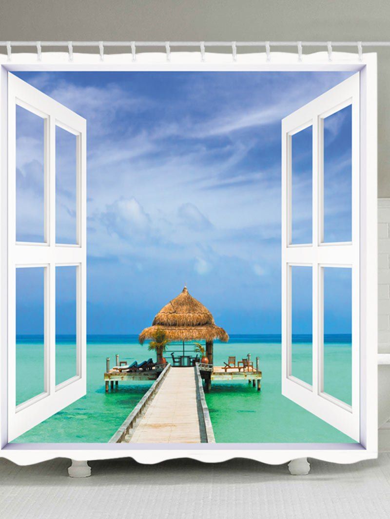 

Window Sea View Print Fabric Waterproof Bathroom Shower Curtain, White