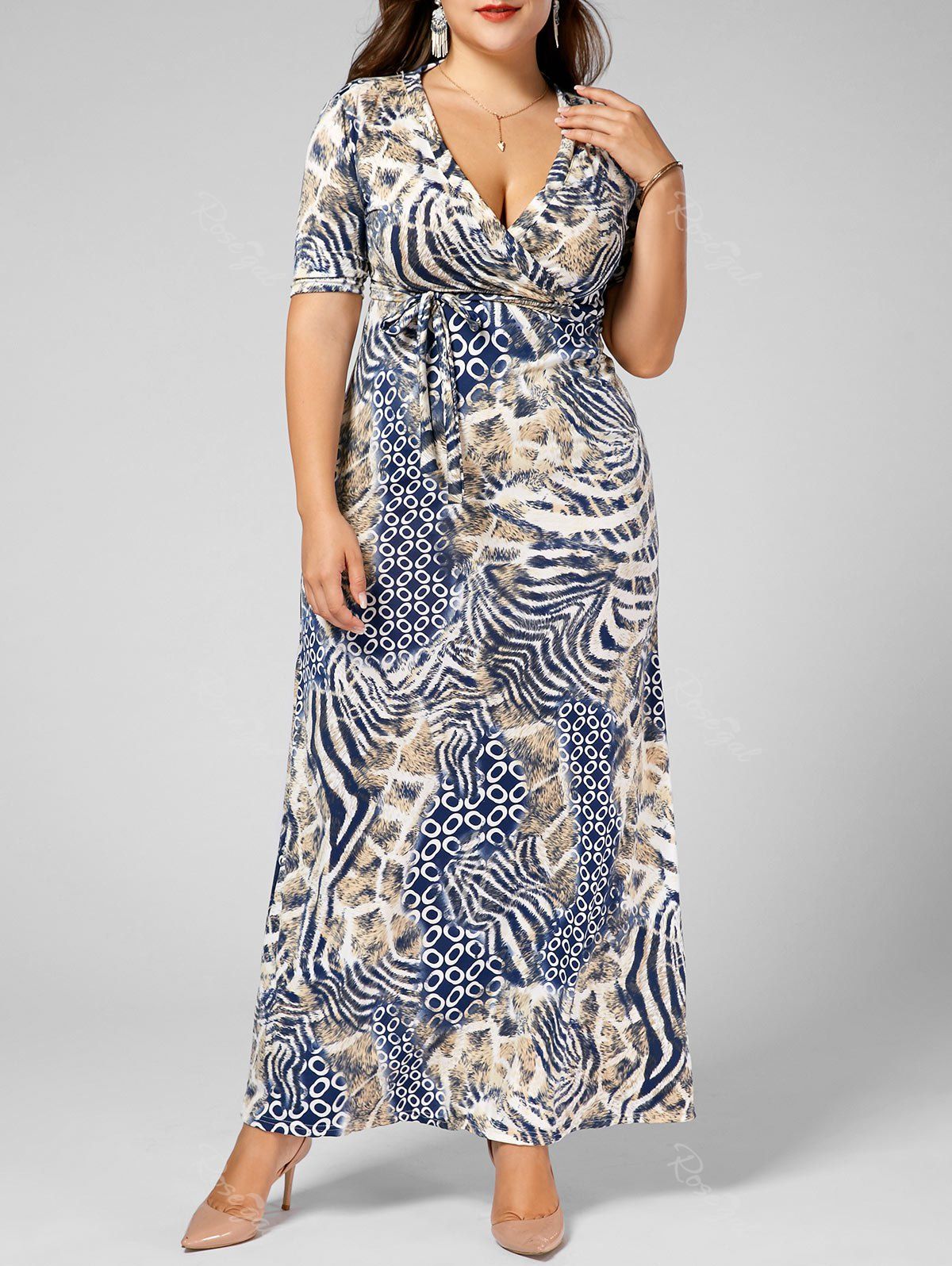 

Long V Neck Printed Pattern Plus Size Dress, Light camel