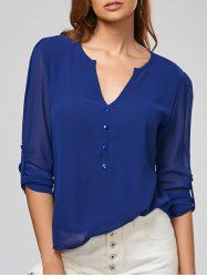 V Neck Sheer Chiffon Button Blouse -  