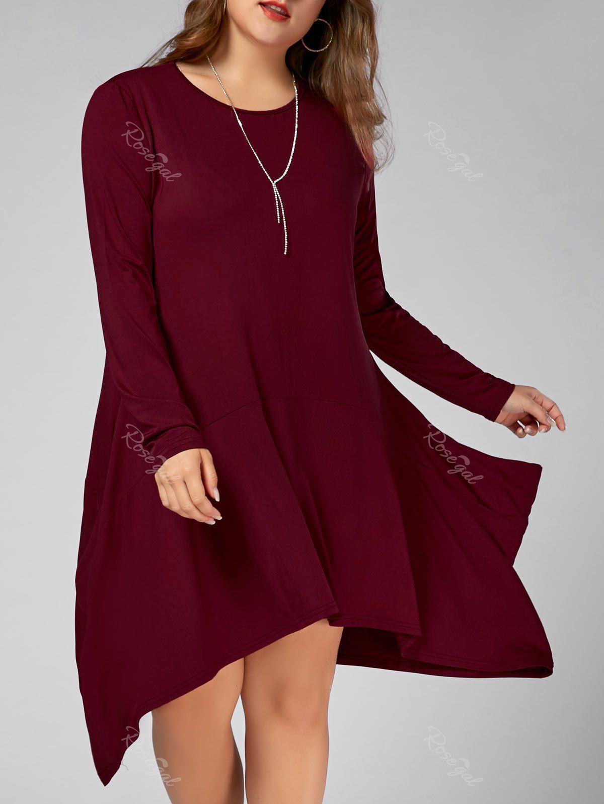 

Long Sleeve Plus Size Asymmetric T-shirt Dress with Pockets, Wine red