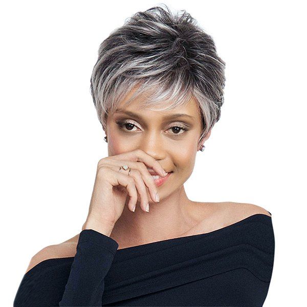 

Short Side Bang Layered Shaggy Straight Colormix Synthetic Wig, Black and grey