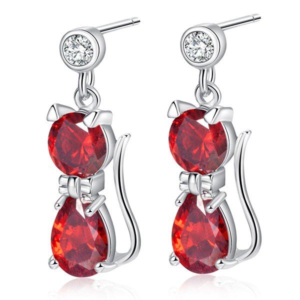 

Cat Design Faux Diamond Inlaid Drop Earrings, Bright red