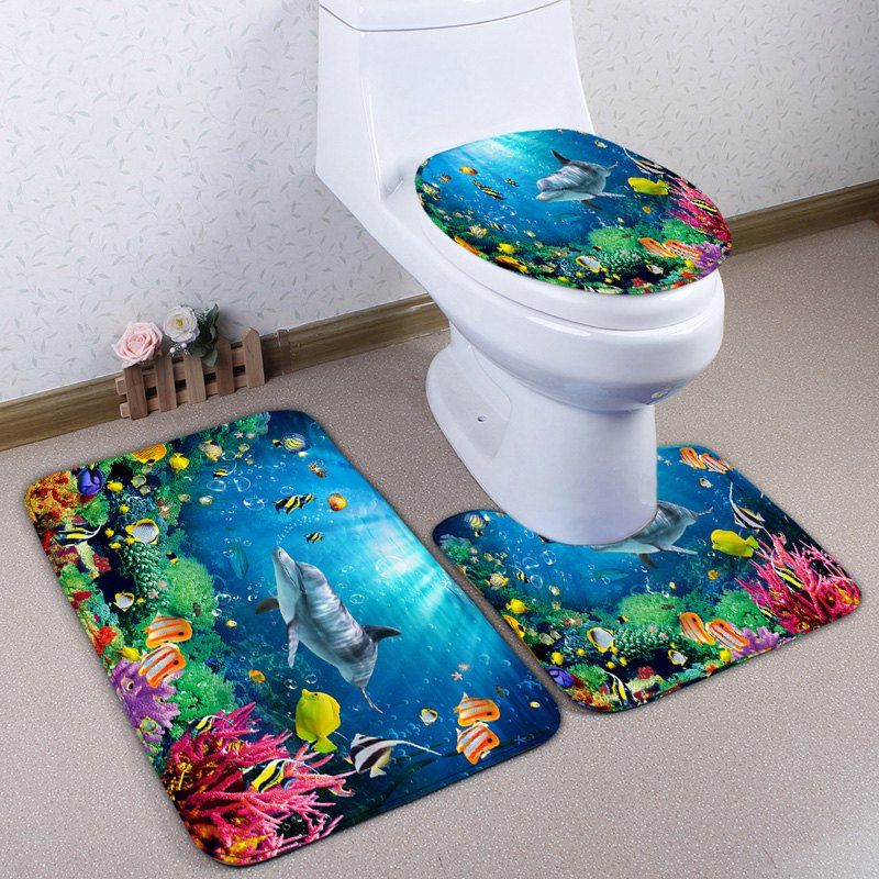

Sea World Print 3Pcs Skidproof Flannel Toilet Mat Set, Blue