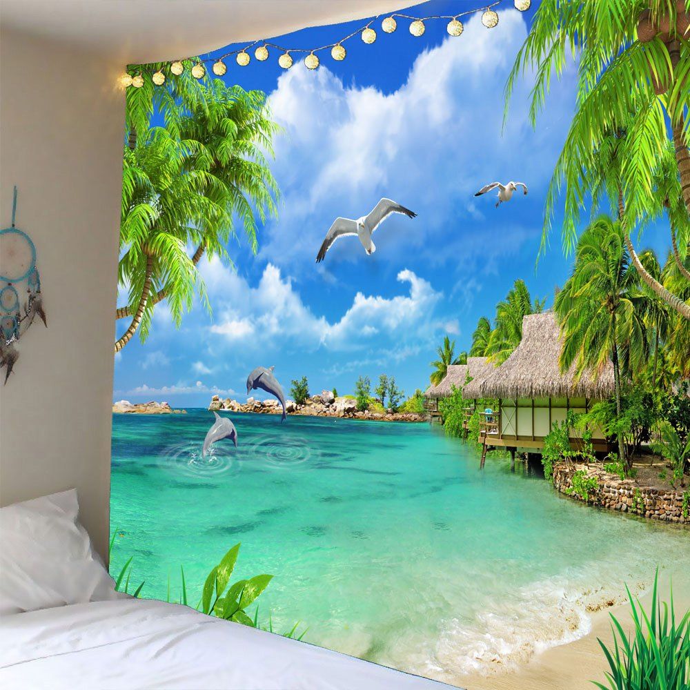

Beach Cottage Seascape Waterproof Tapestry, Light blue