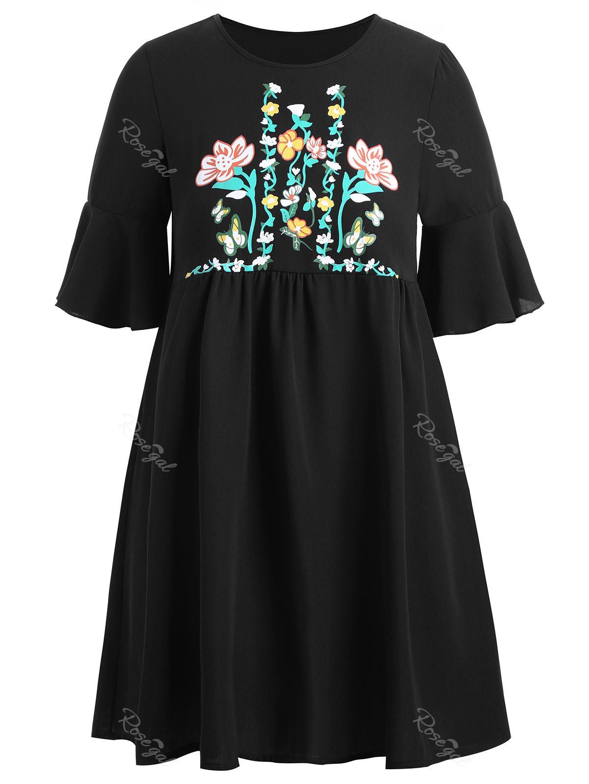 

Plus Size Flare Sleeve Floral Tunic Top, Black