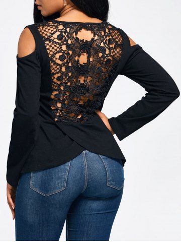 Lace Back Cold Shoulder Long Sleeve T-shirt - Black - M