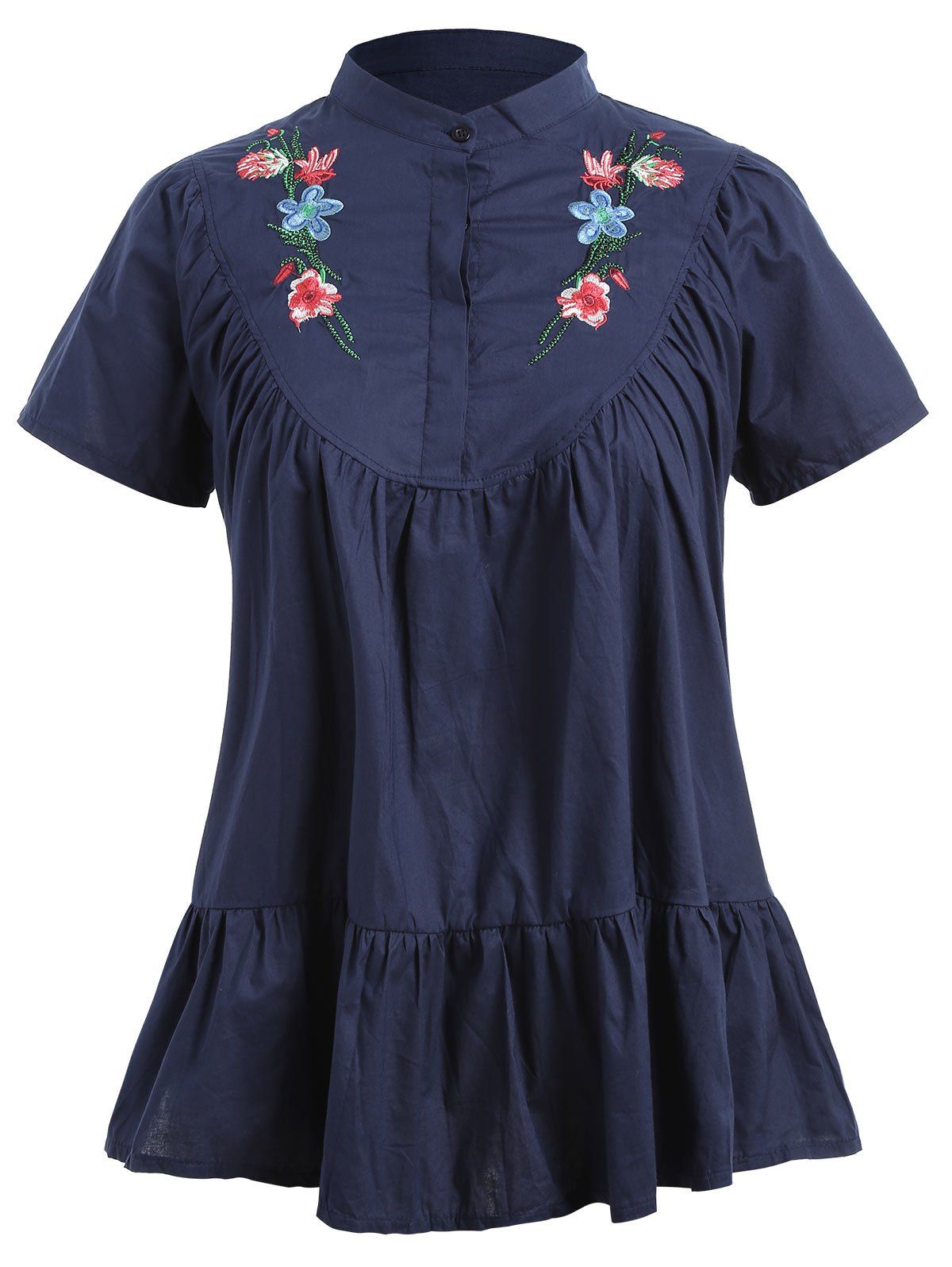 

Plus Size Short Sleeve Floral Embroidered Top, Purplish blue