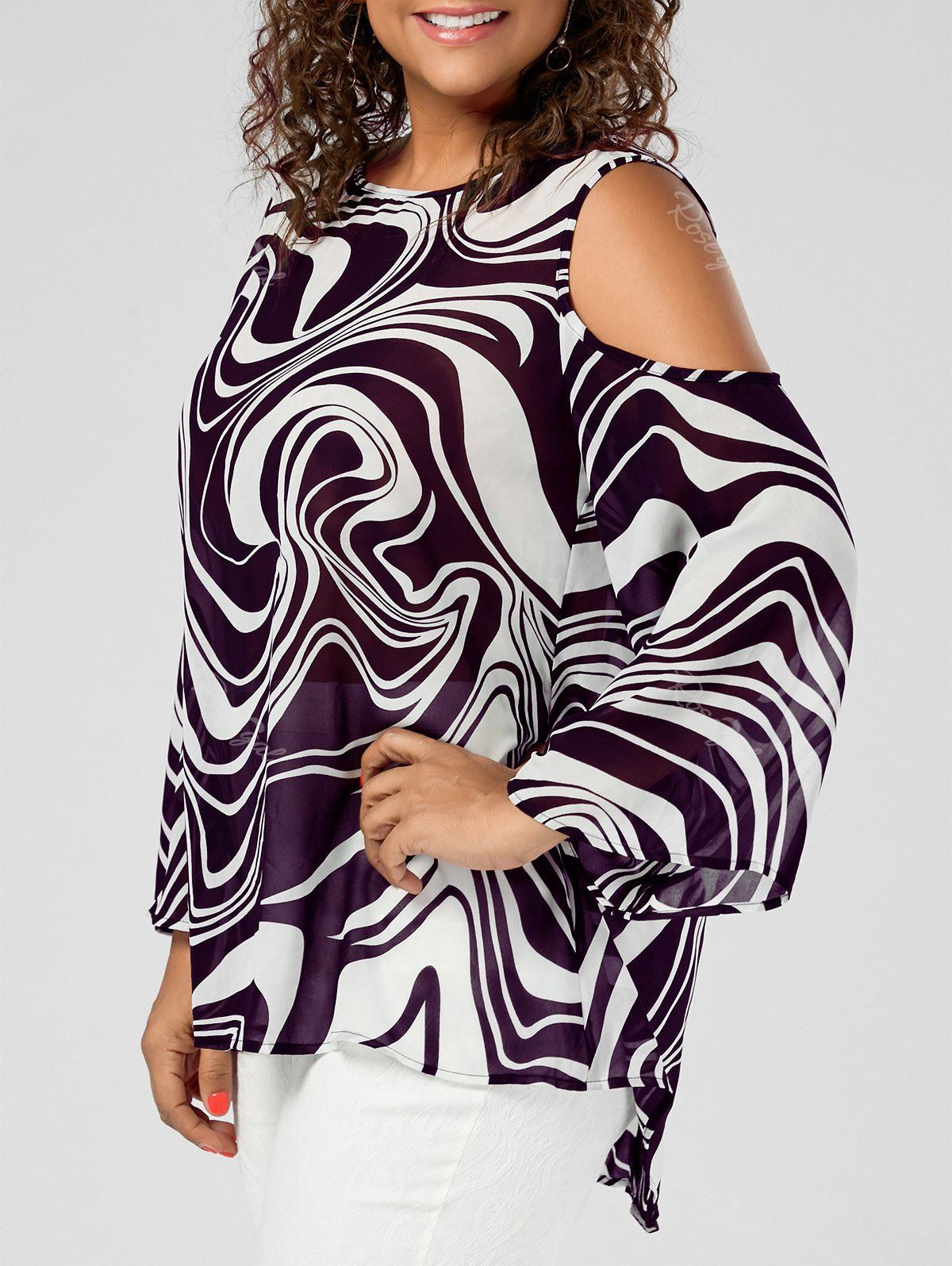 

Plus Size Graphic Cold Shoulder High Low Top, Purple