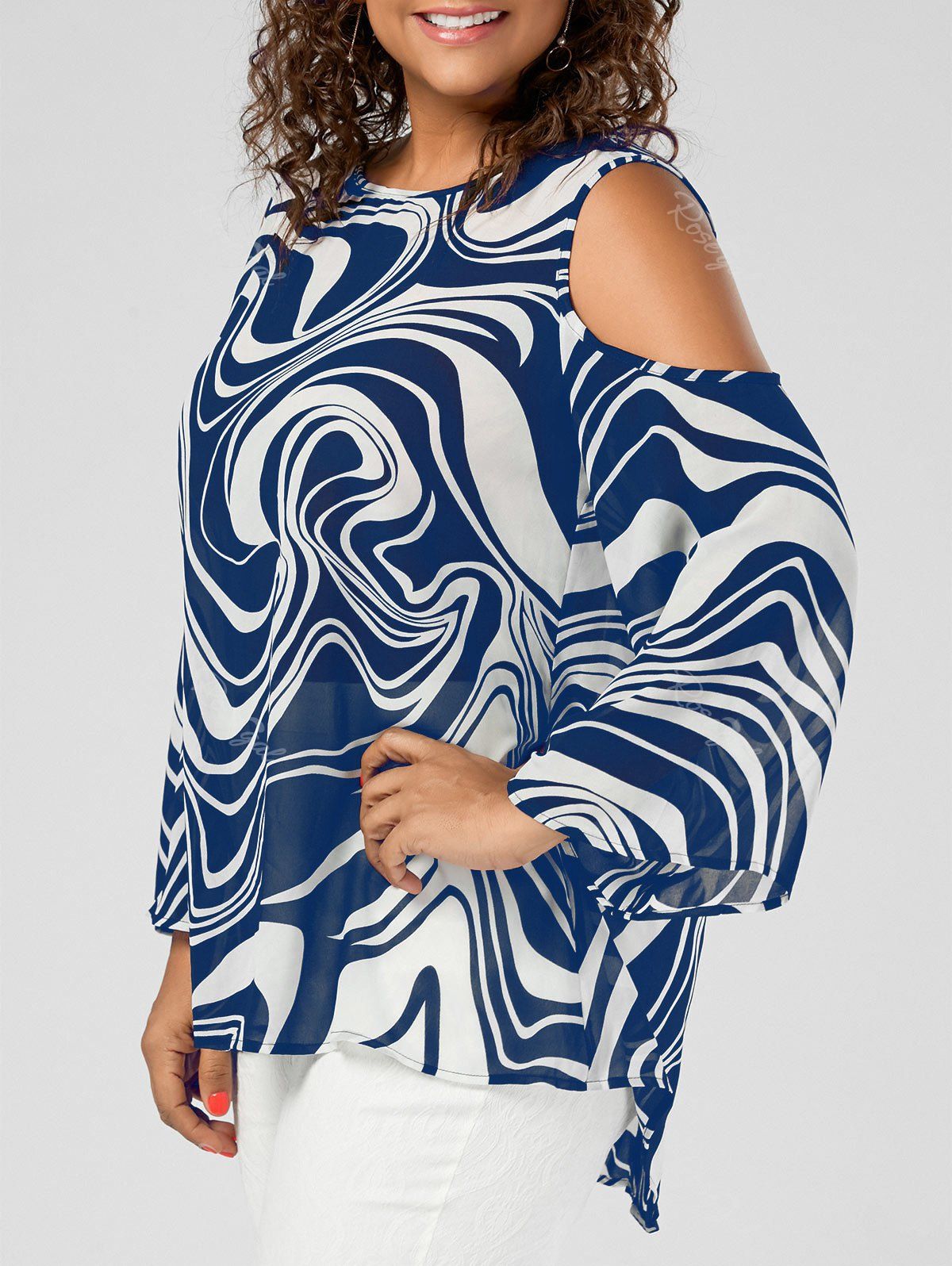 

Plus Size Graphic Cold Shoulder High Low Top, Color blue